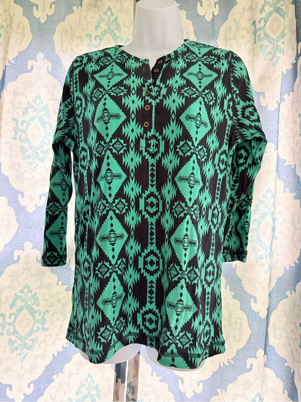 The J. Peterman Company Black Teal Southwestern Geometric Boho Tunic Top M 90’s